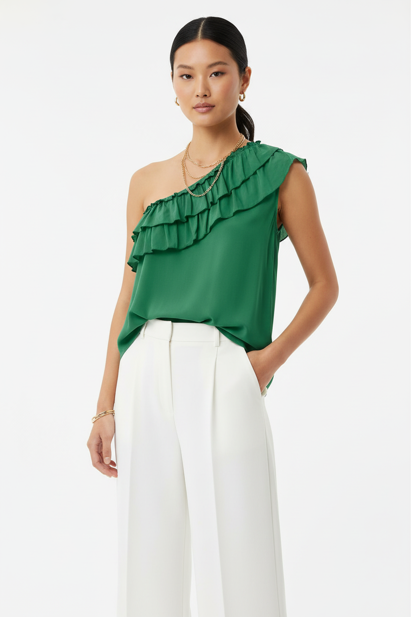 b.young BXHeidy One-Shoulder Ruffle Blouse - Emerald Green