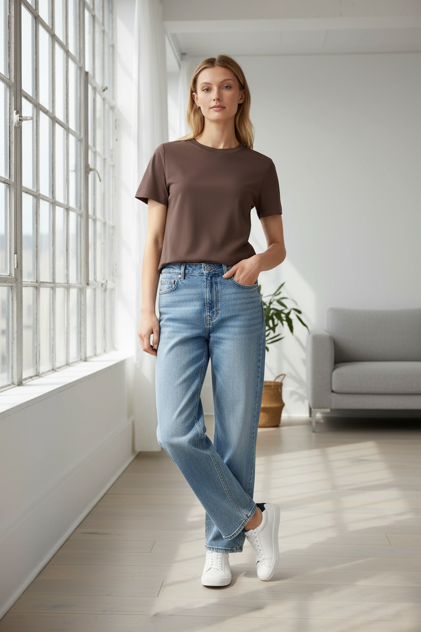 Lifestyle shot of s.Oliver brown cropped t-shirt indoors