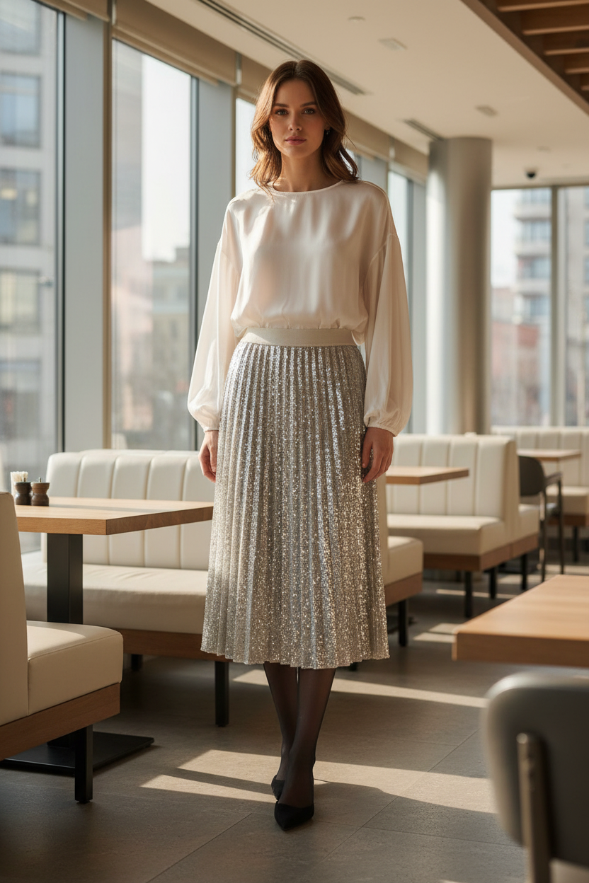 Saint Tropez BenisaSZ Silver Sequin Skirt - lifestyle photo indoor setting