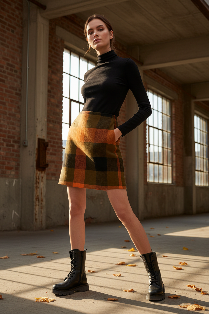 Woman wearing s.Oliver autumn plaid mini skirt in urban setting