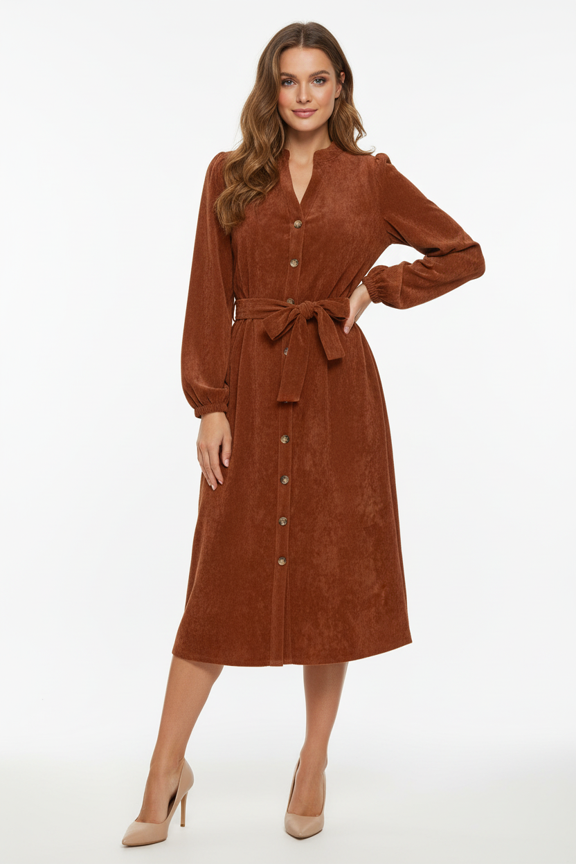 Sorbet Spicy Corduroy Shirt Dress with Belt - Rust Brown