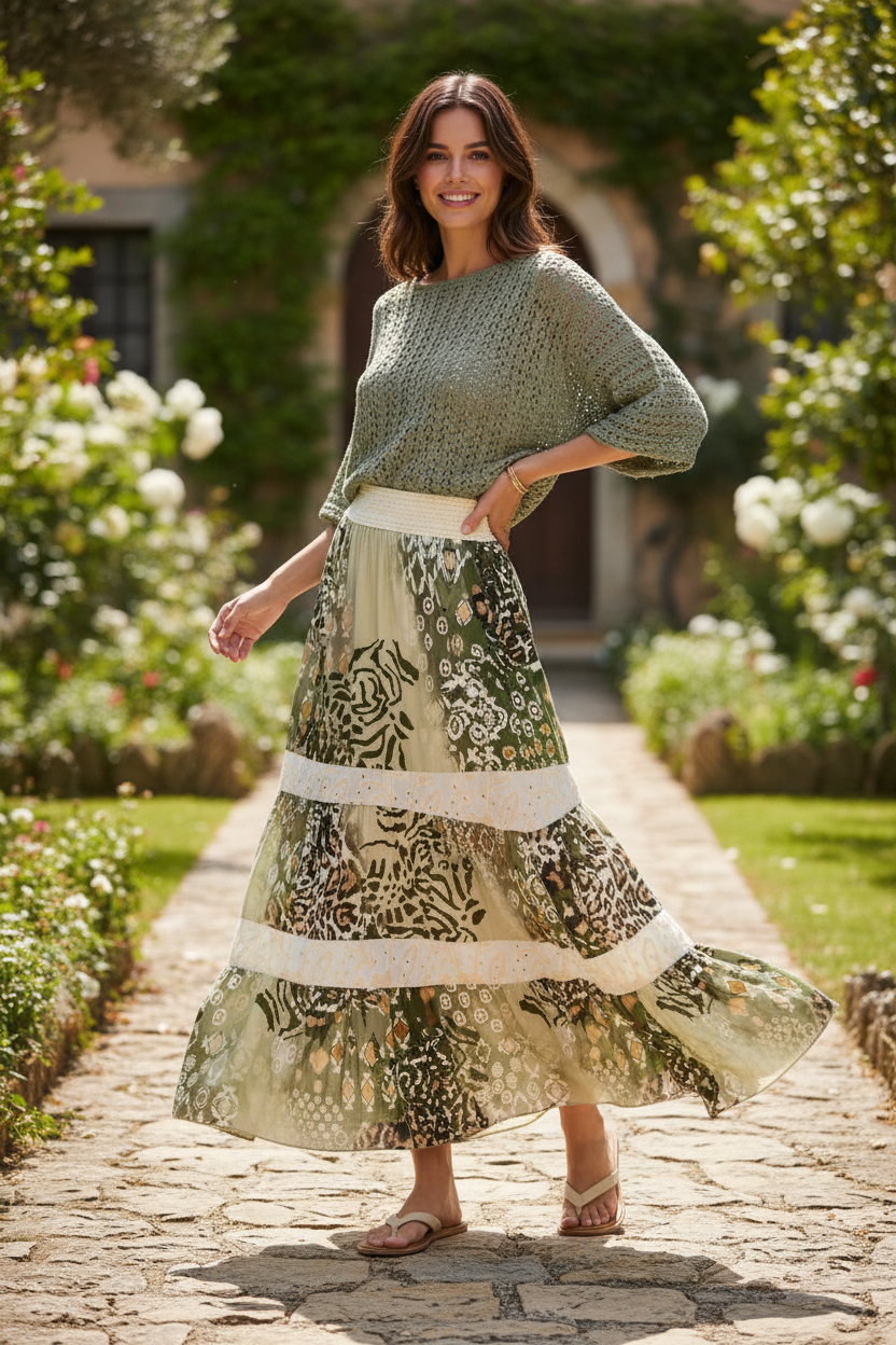 Sorbet Alona Tiered Maxi Skirt with Animal Print - Cream & Sage