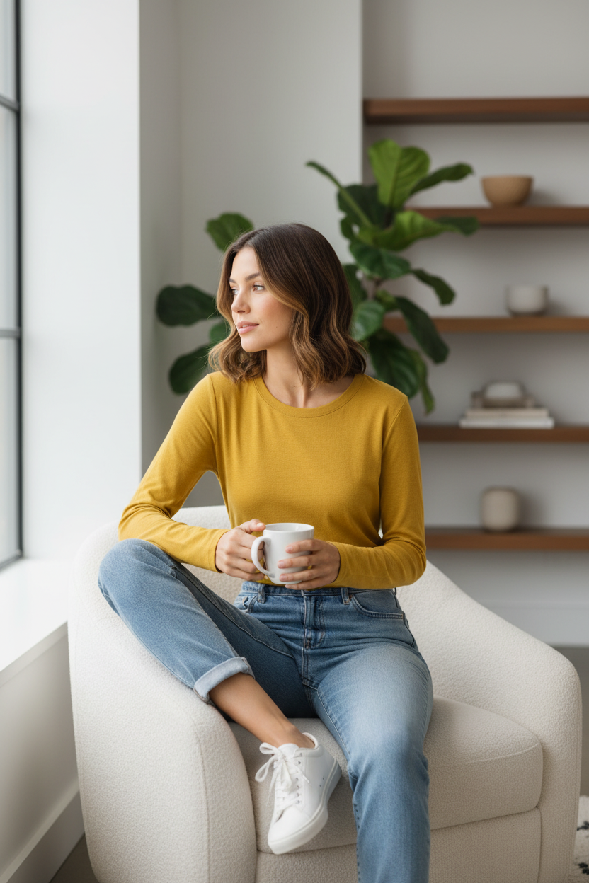 Lifestyle shot of mustard yellow long-sleeve t-shirt indoors