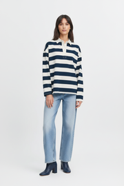 b.young BYBXSomset Striped Long-Sleeve Polo Shirt - Copenhagen Night