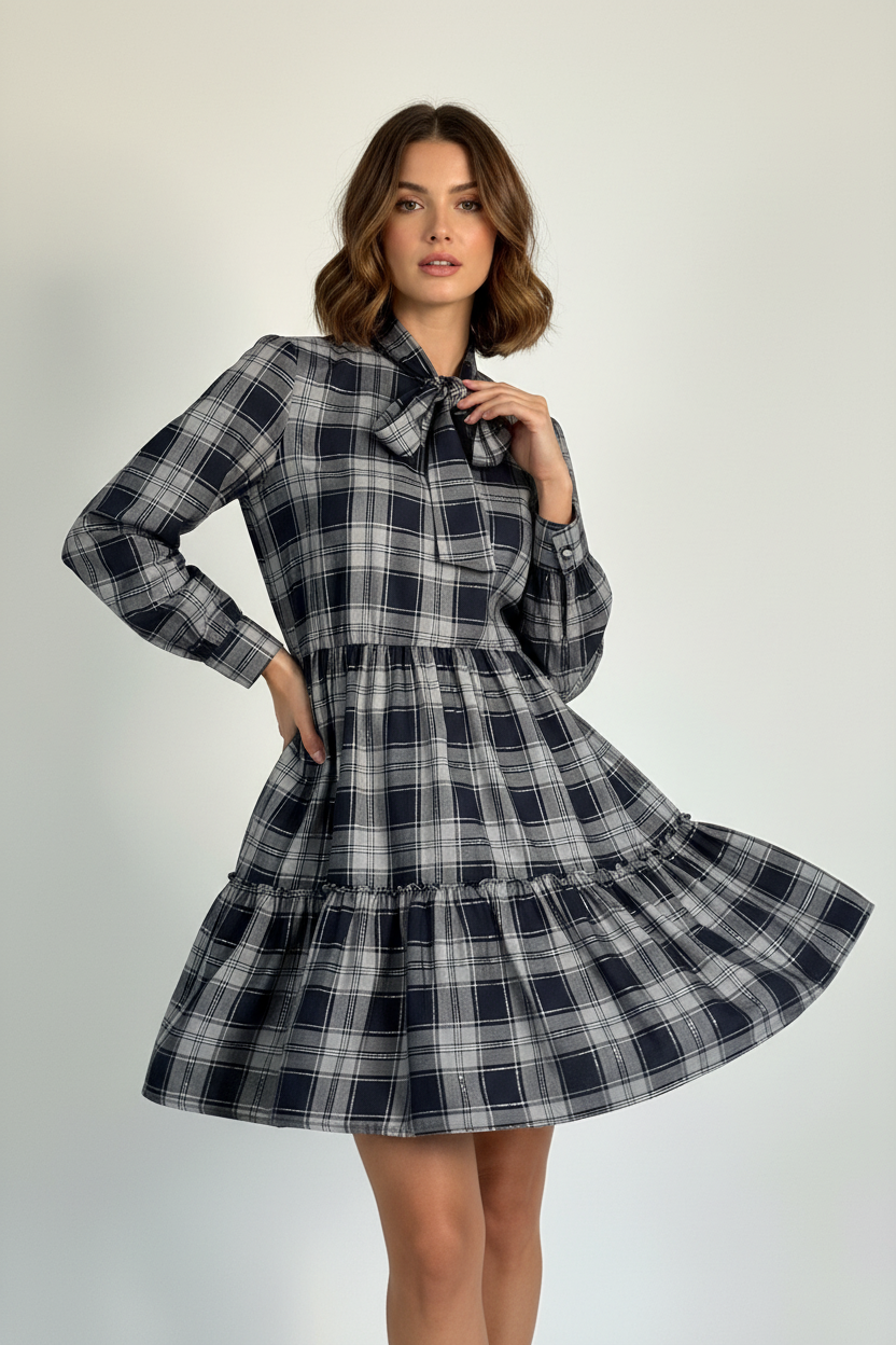 Motivi Checkered Dress with Bow - Blue-Grey