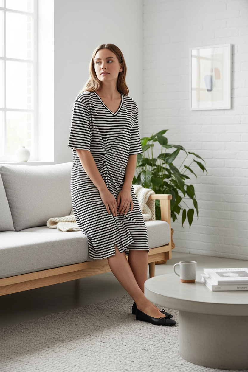 Part Two JENELLEPW striped dress - editorial lifestyle shot