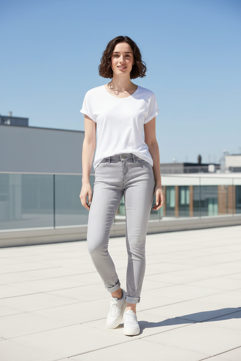 Woman wearing s.Oliver Izabell light grey skinny jeans outdoors
