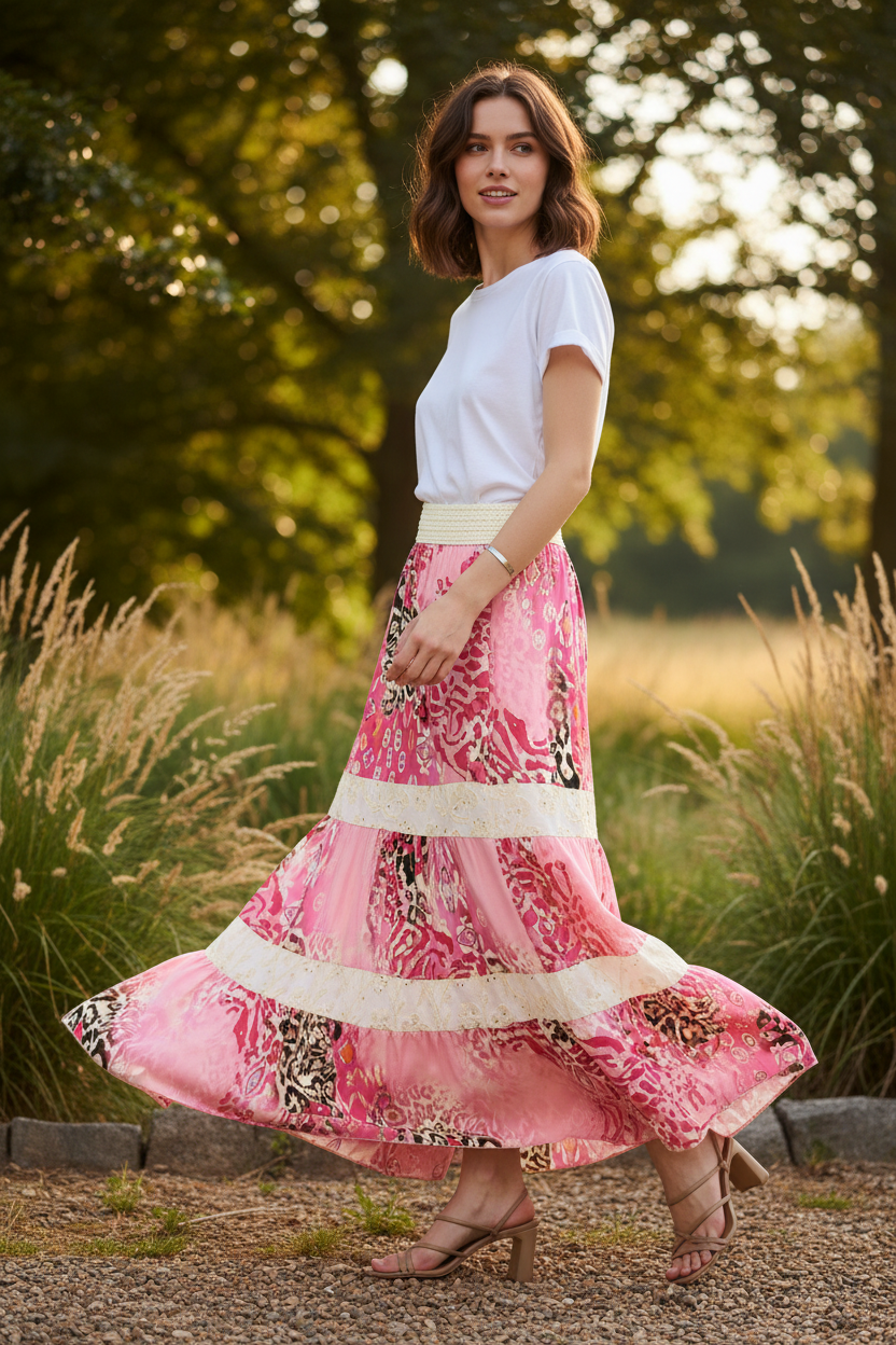 Sorbet Alona Tiered Maxi Skirt with Animal Print - Pink & Cream