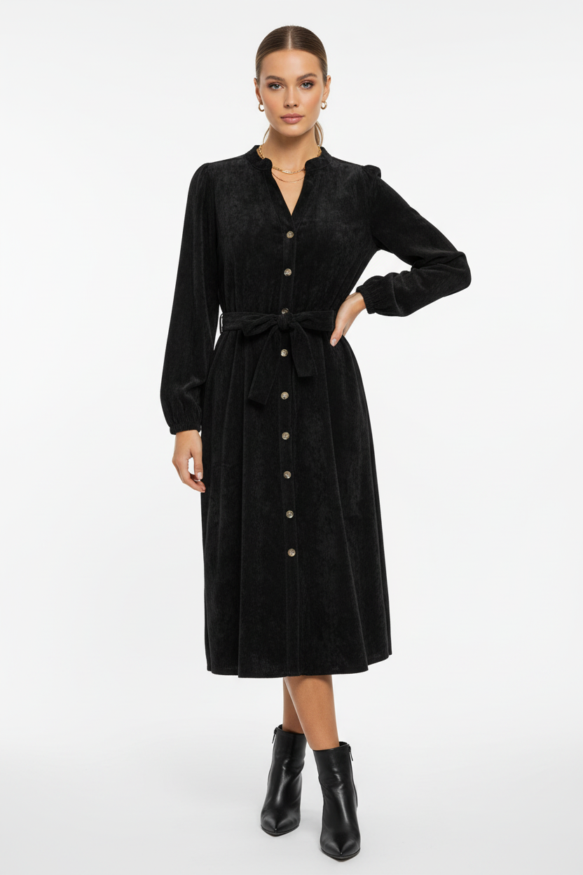 Sorbet Spicy Corduroy Shirt Dress with Belt - Black