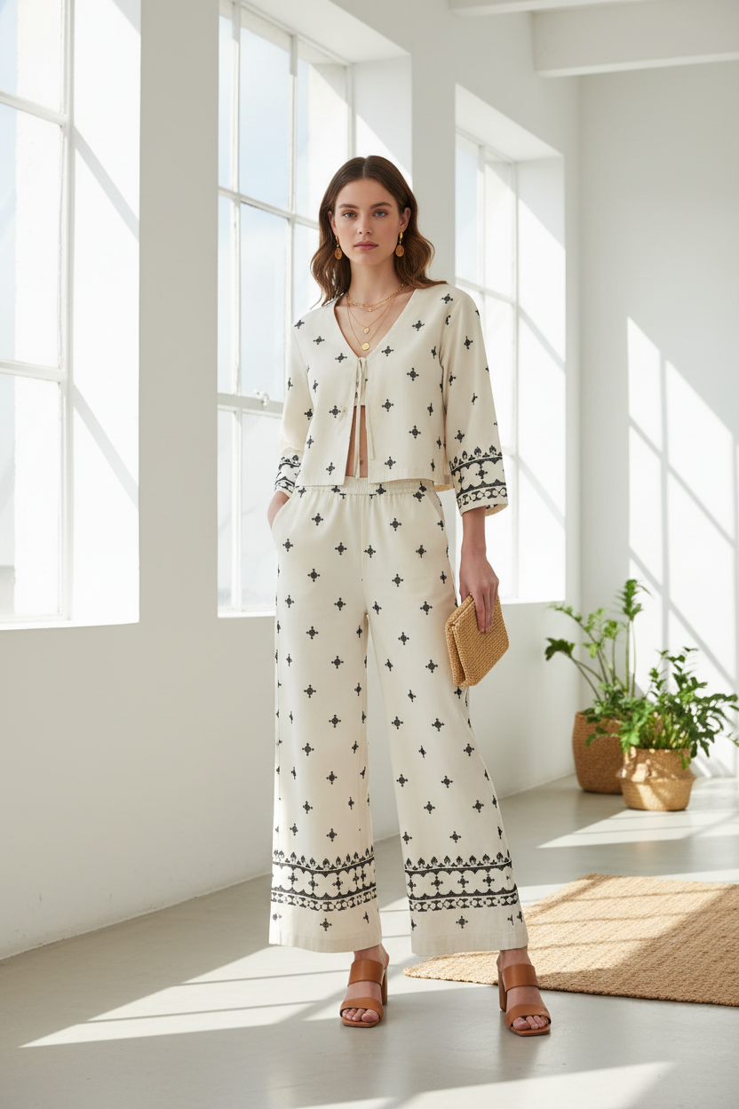 b.young Bydunia Embroidered Wide-Leg Pants - Beige