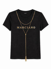 Marciano by Guess Logo T-Shirt with Gold Chain Necklace – Black, premium women's fashion top with gold foil logo and necklace.