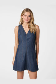 Neo Noir Nava Dark Blue Denim Mini Dress – V-Neck Sleeveless A-Line | Women