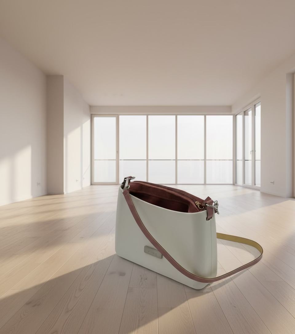 O bag Glam – white with Testa di Moro suede-effect lining